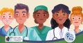 Selo com ilustrações com vários tipos de profissionais de saúde, como médicos, médicas, enfermeiros, enfermeiras e auxiliares de enfermagem.