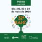 Imagem em fundo azul claro, com detalhes em verde escuro com a informação: Trigésima segunda Reunião Anual de Iniciação Científica (RAIC), Dias 22, 23, 24 de maio de 2024.