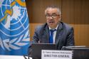 Foto do Diretor Geral da OMS, Tedros Adhanom Ghebreyesus. Um senhor com cabelos grisalhos, pele escura. Ele está sentado e veste um terno cinza escuro, uma camisa branca e uma gravata azul. Ao seu lado tem a bandeira da OMS. 